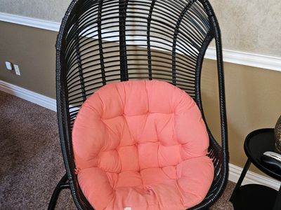 Pier 1 Black Wicker Swingasan Hanging Chair with Coral Cushion