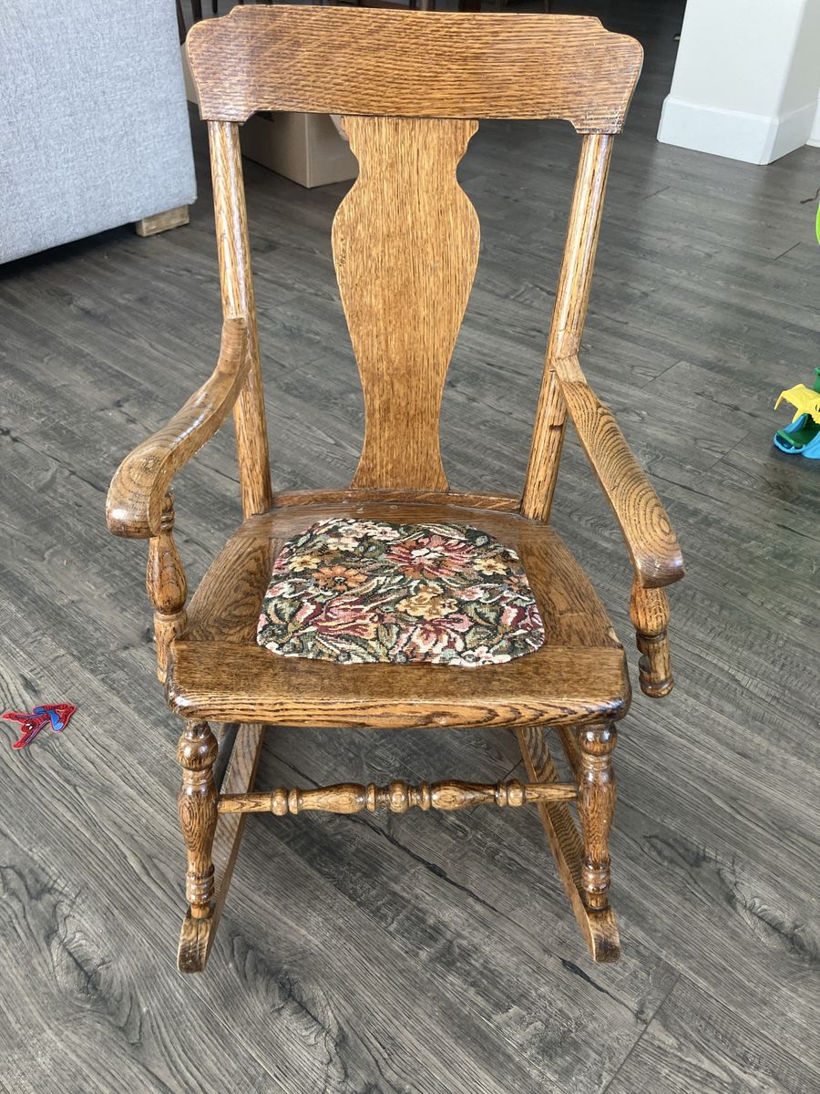 Vintage Oak Wood Child's Rocking Chair with Floral Upholstered Seat - Rustic Nursery Decor