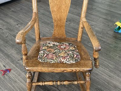 Vintage Oak Wood Child's Rocking Chair with Floral Upholstered Seat - Rustic Nursery Decor