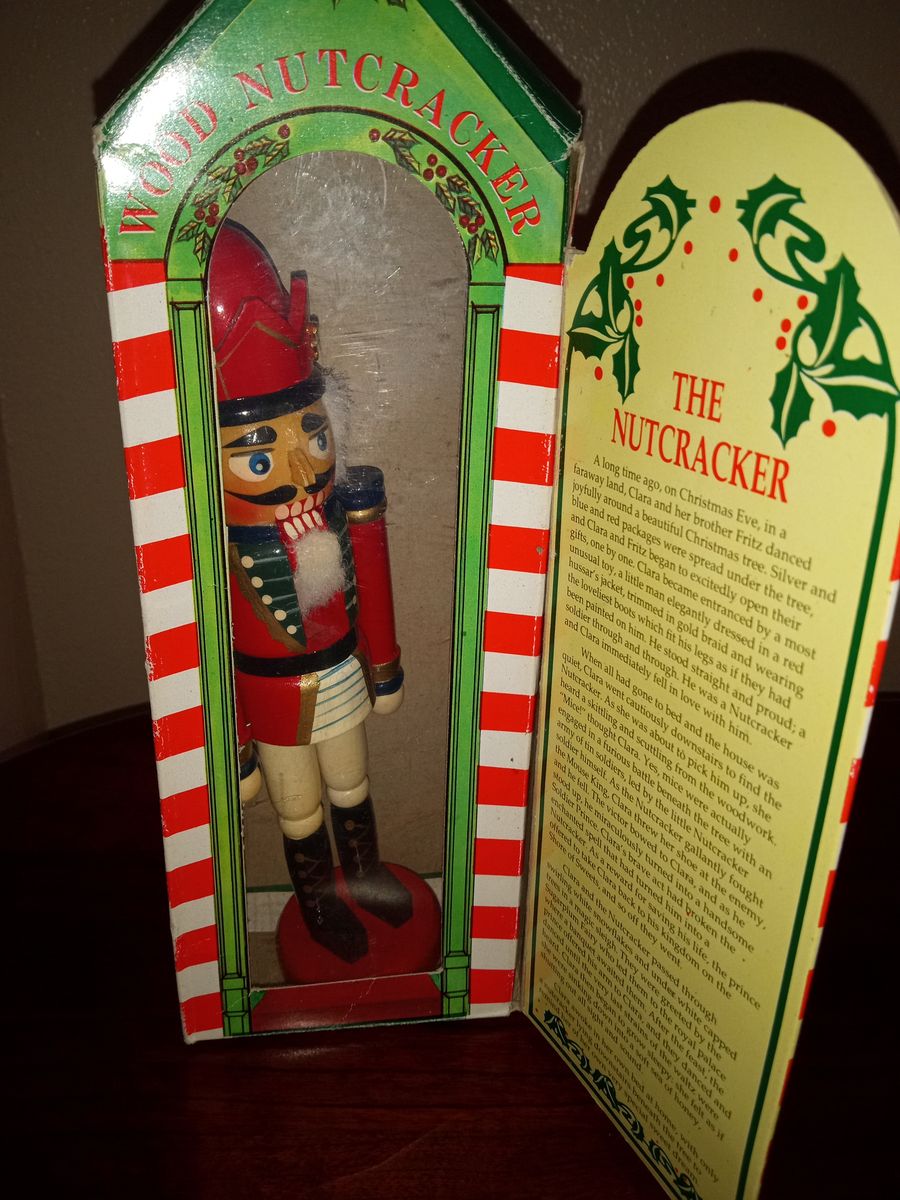 Vintage Wooden Nutcracker Soldier in Red Uniform with Original Box Story Book