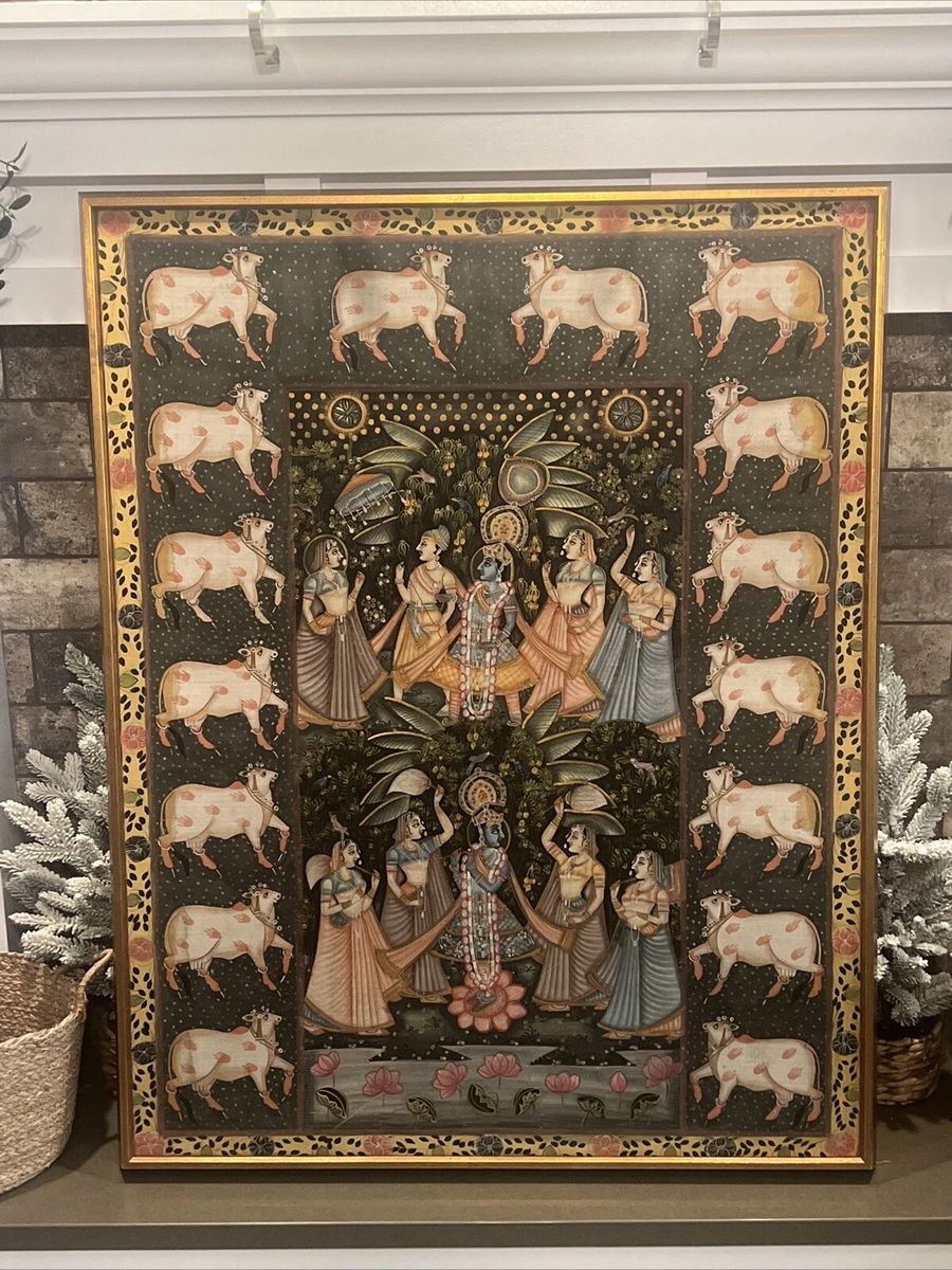 VINTAGE Large Anglo Indian Painting on Silk 36.5" x 46”