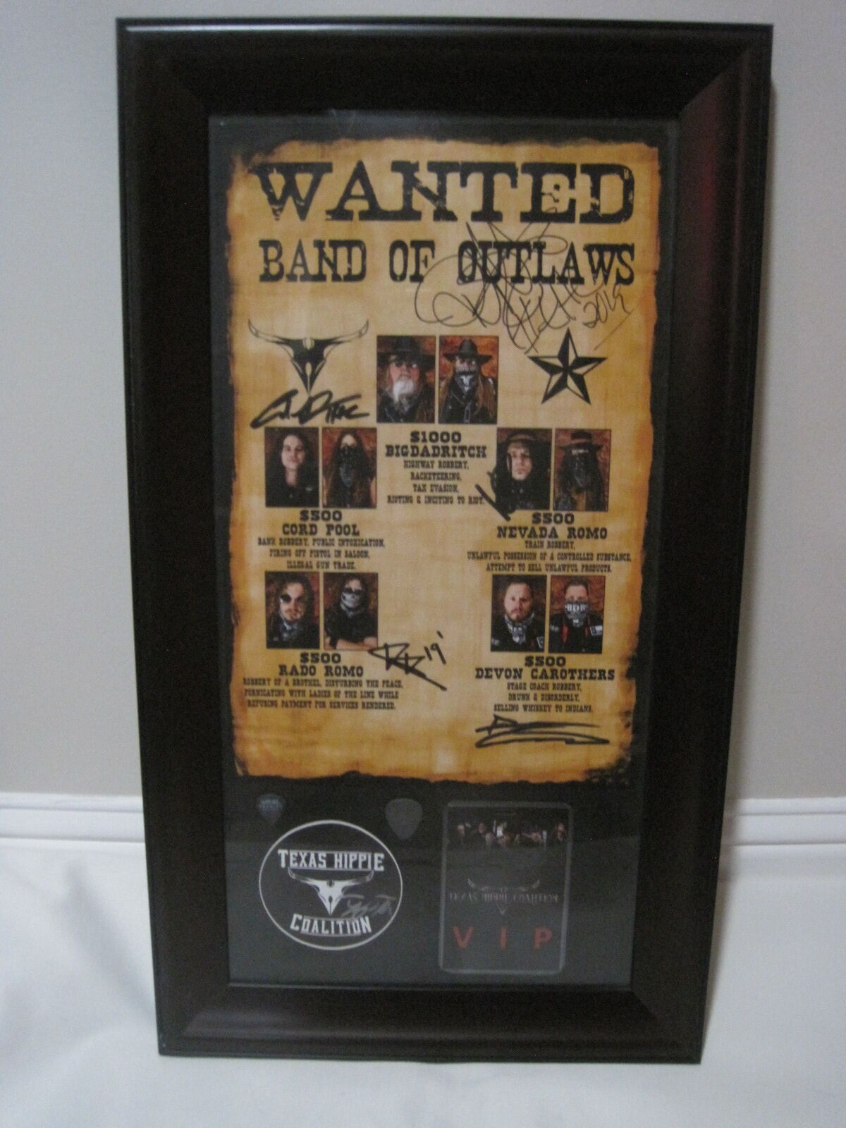 Texas Hippie Coalition Band Autographed Wanted Poster, VIP Pass, Sticker, 2 Tabs