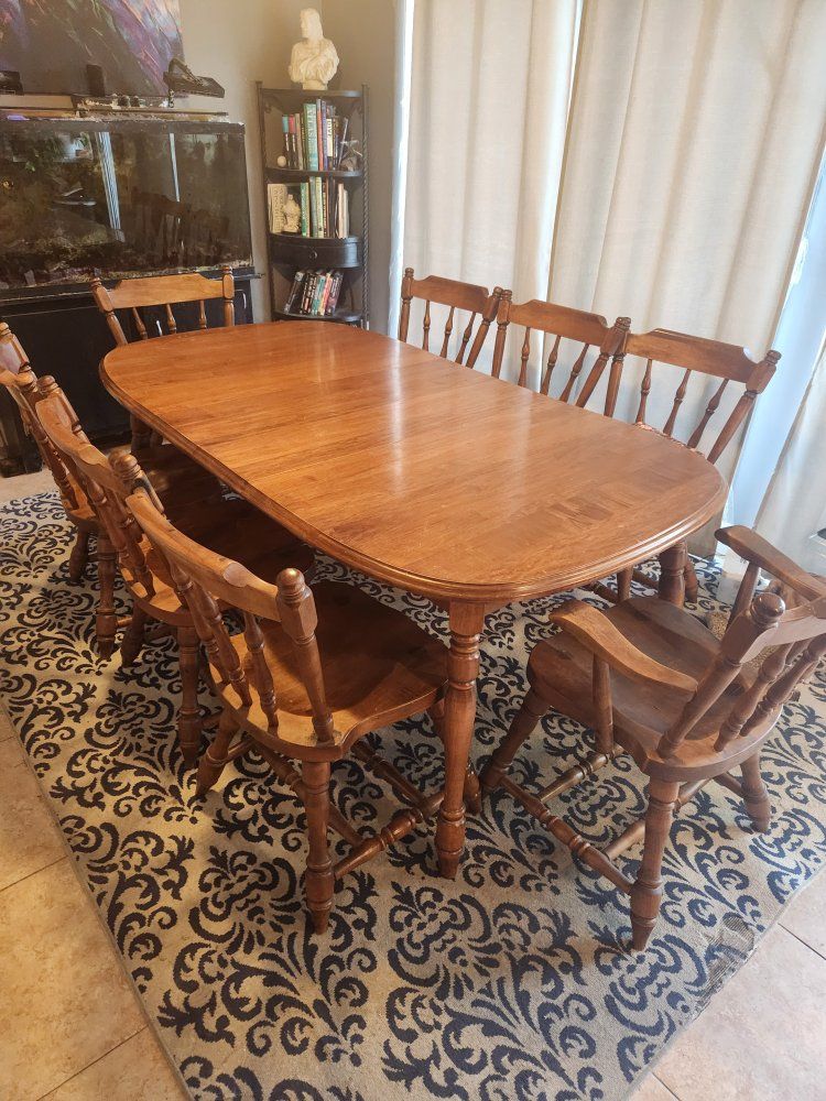 Solid Maple Dining Table with 8 Matching Spindle-Back Chairs.