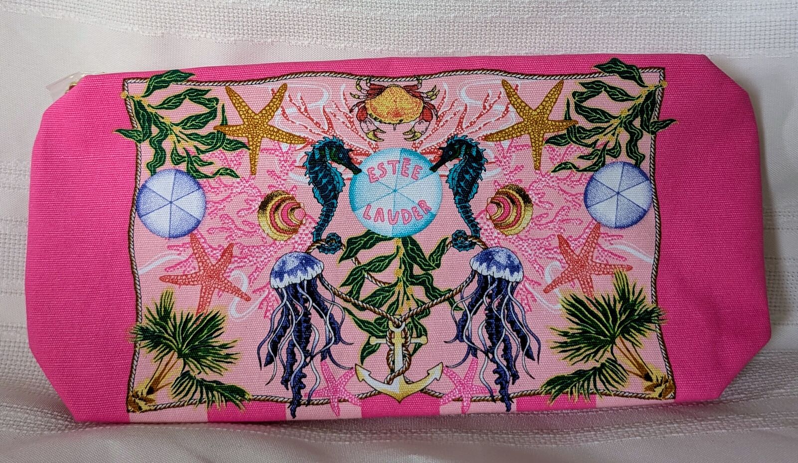 Estee Lauder Pink Striped Sea Life Makeup Cosmetic Bag Zip Top Travel Bag NEW