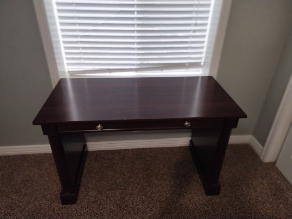 Dark Wood Writing Desk with Pull-Out Drawer - Compact & Functional