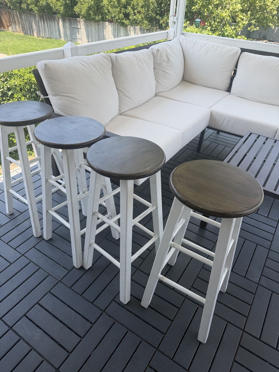 Set of 4 White Wood Bar Stools with Dark Wood Tops - Counter Height Seating