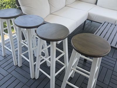 Set of 4 White Wood Bar Stools with Dark Wood Tops - Counter Height Seating