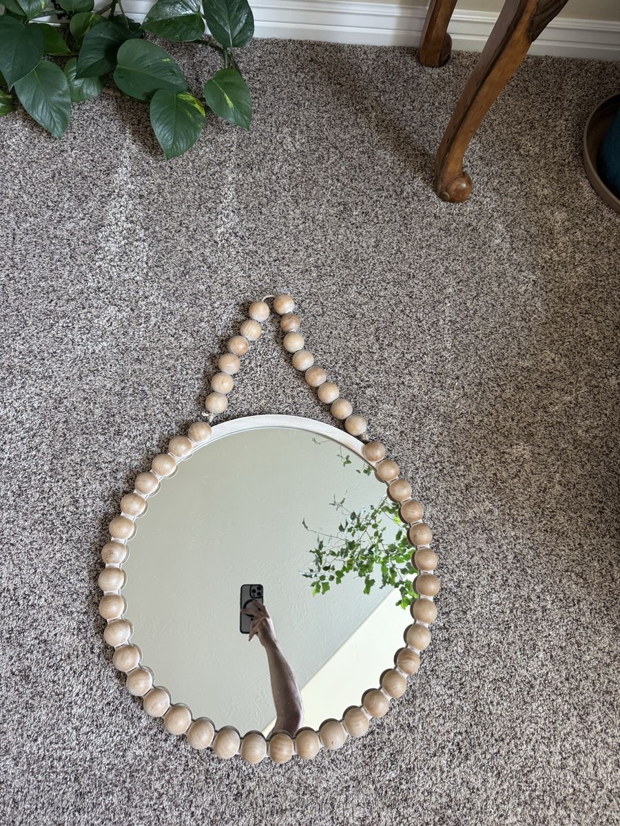 Round Boho Wooden Beaded Wall Mirror with Hanging Strap,24 Inches in diameter 