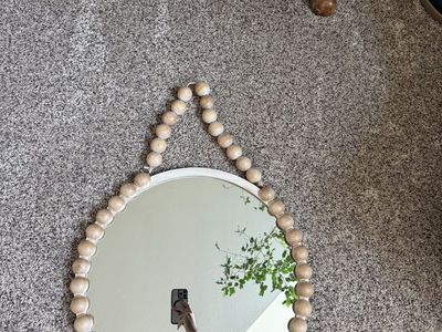 Round Boho Wooden Beaded Wall Mirror with Hanging Strap,24 Inches in diameter