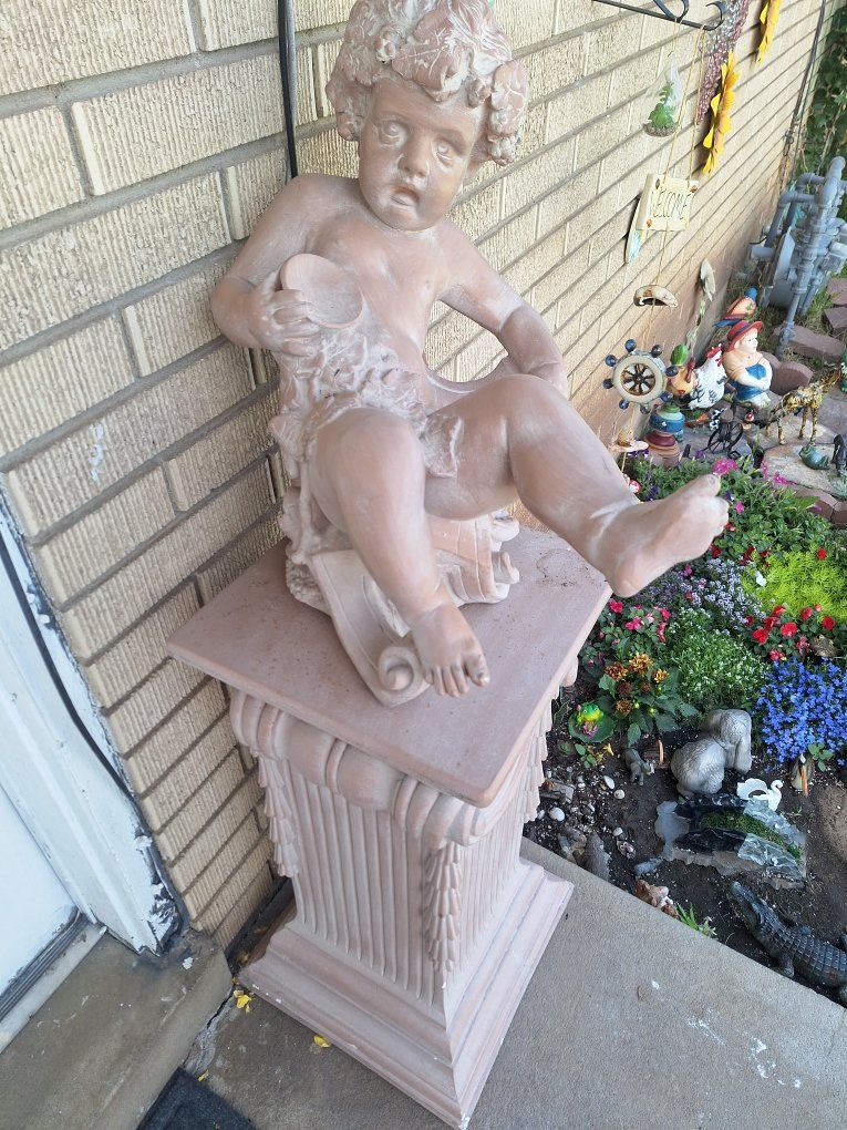 Vintage Cherub Statue with Pedestal – Rare Classical Garden Decor
