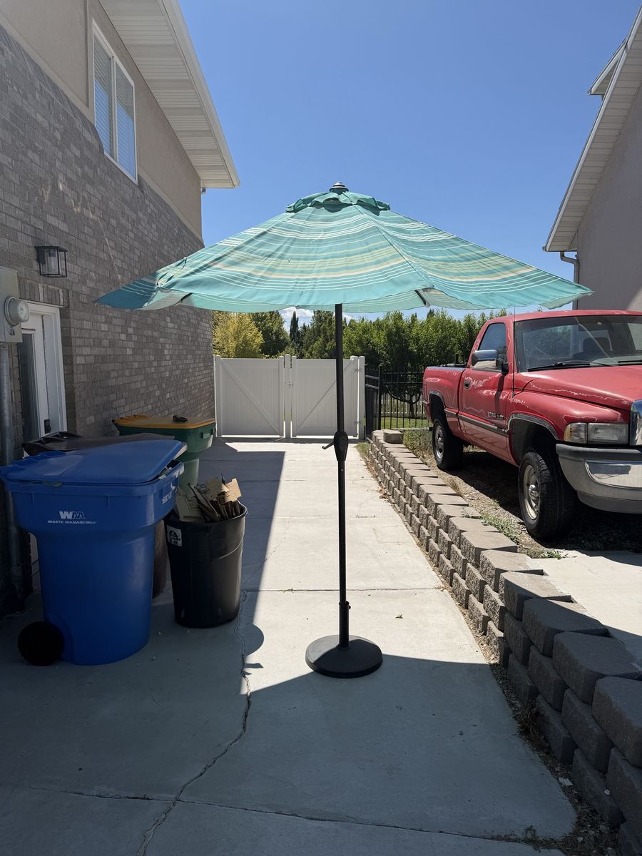 Outdoor Patio Umbrella Teal and White Striped with Stand