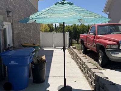 Outdoor Patio Umbrella Teal and White Striped with Stand