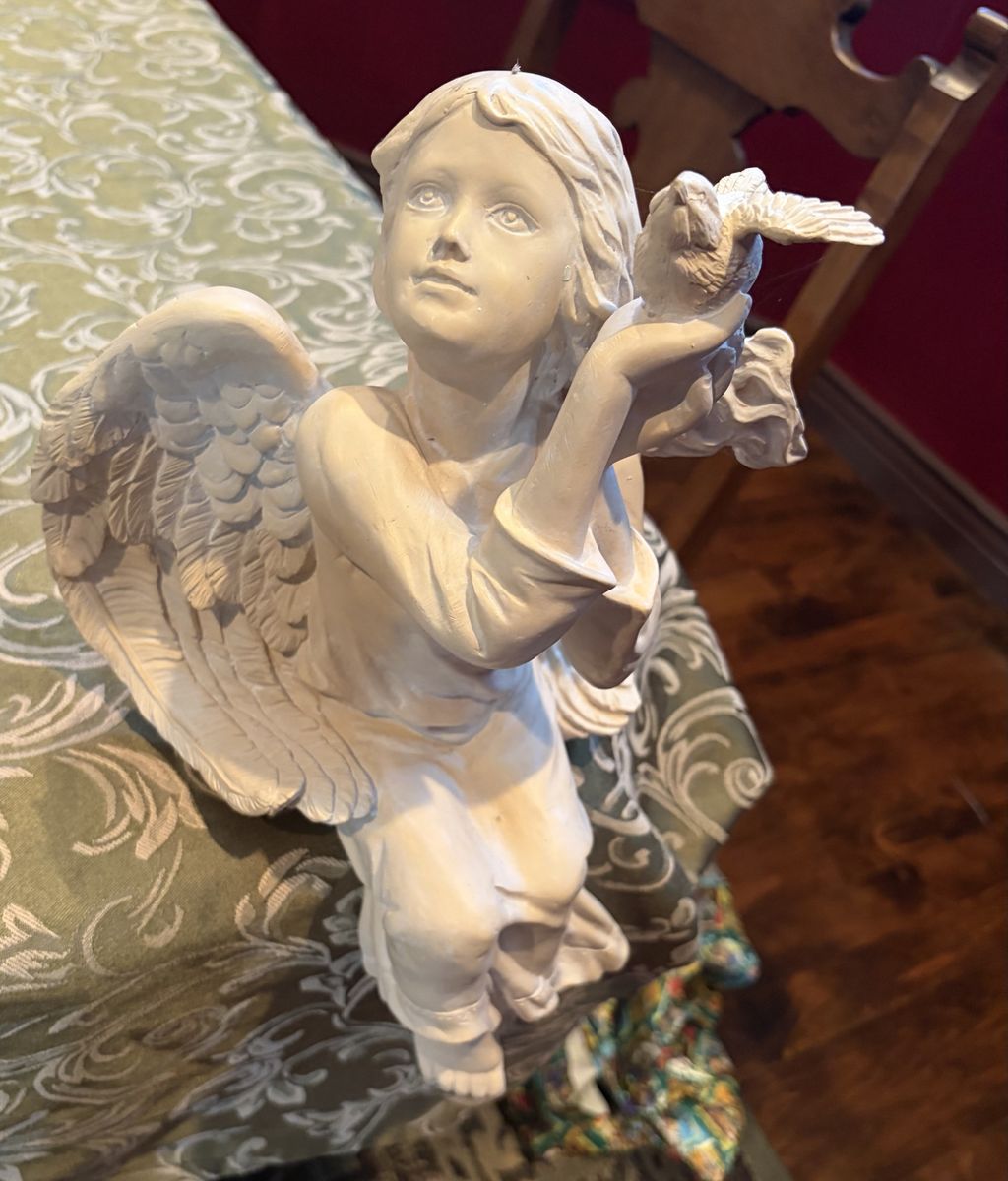Angel on rock with bird 10 inch sitting down statue