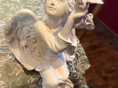 Angel on rock with bird 10 inch sitting down statue