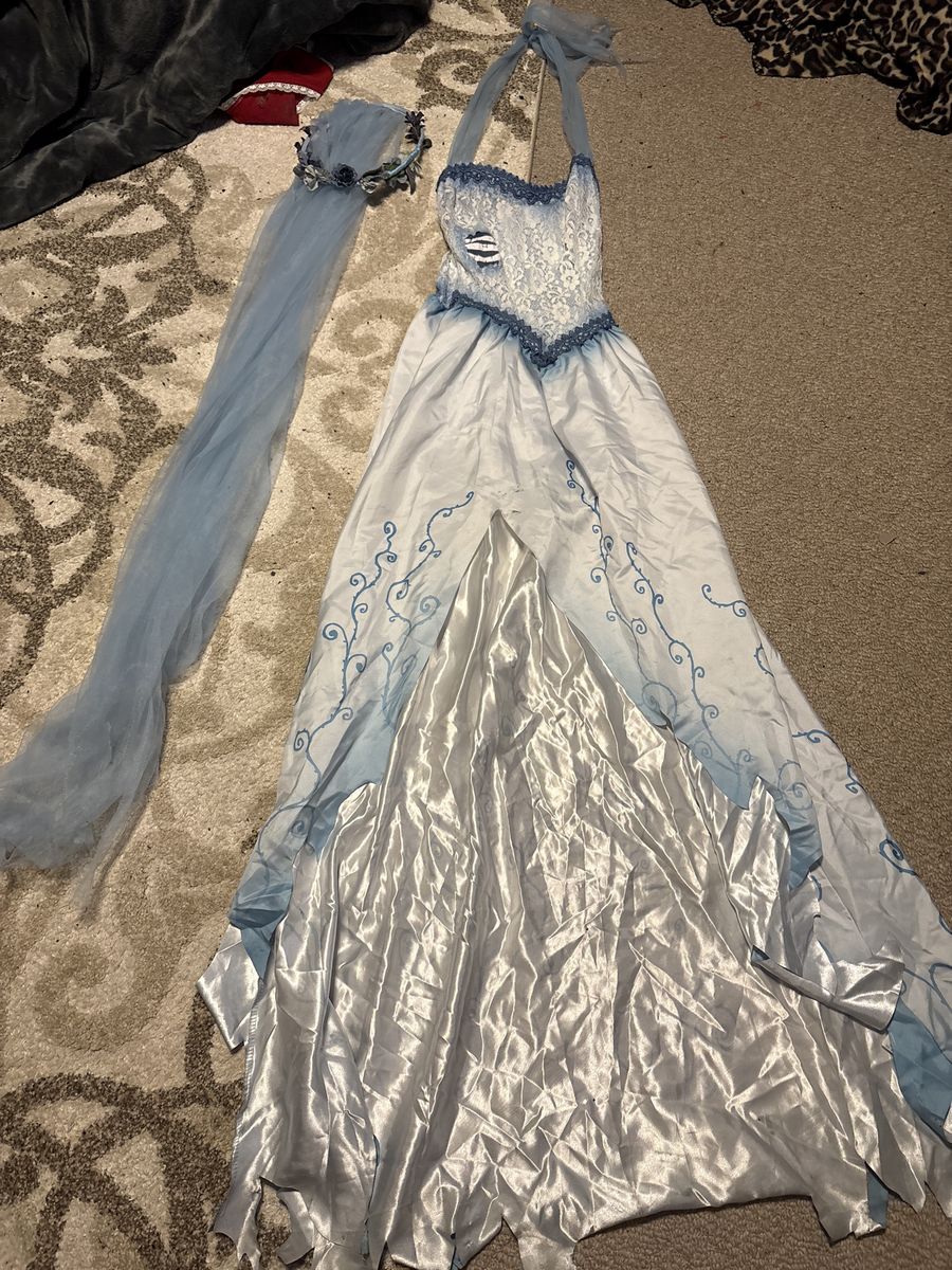 Corpse Bride Blue/White Lace Halter Maxi Dress Costume with Veil Headpiece - preteen or small