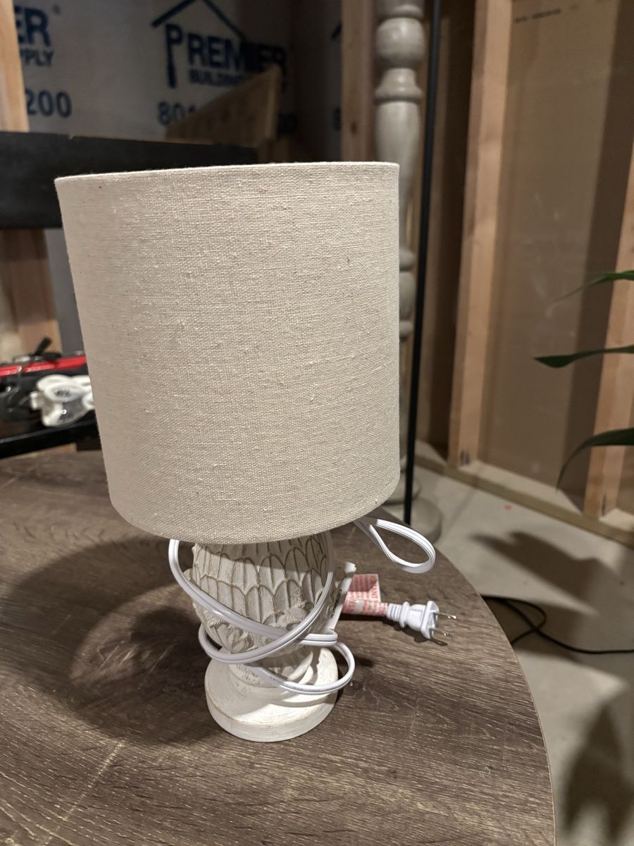 Small Table Lamp, White Distressed Base with Linen Shade, Working Condition