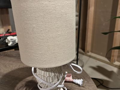 Small Table Lamp, White Distressed Base with Linen Shade, Working Condition