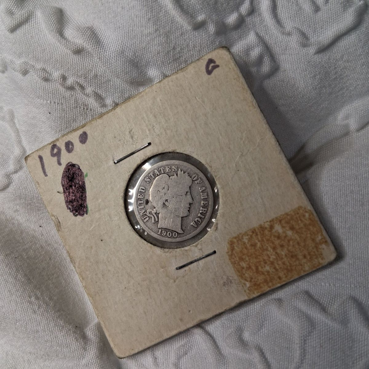 1900 US Barber Dime 90% Silver Coin in Cardboard Holder