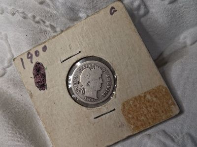 1900 US Barber Dime 90% Silver Coin in Cardboard Holder