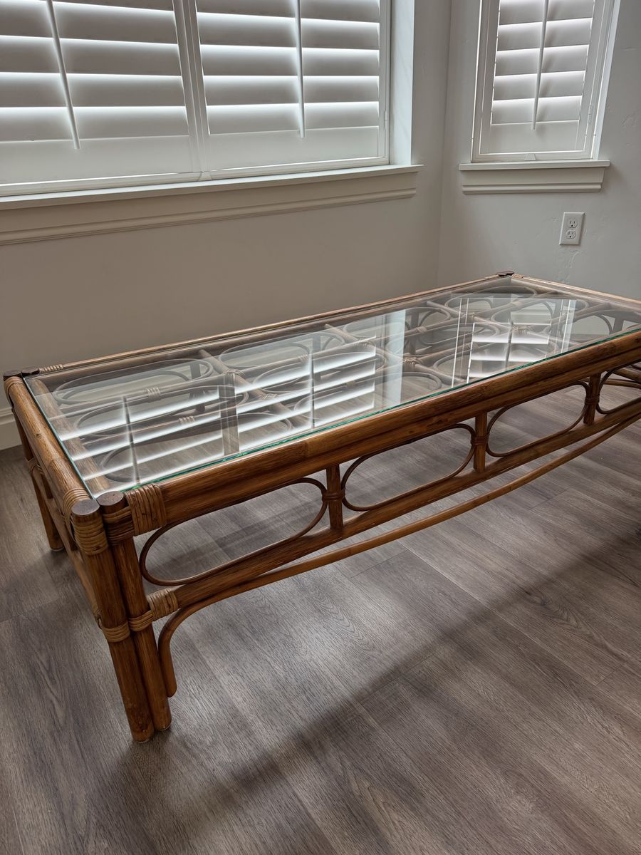 Vintage mid-century, bamboo coffee table with glass top