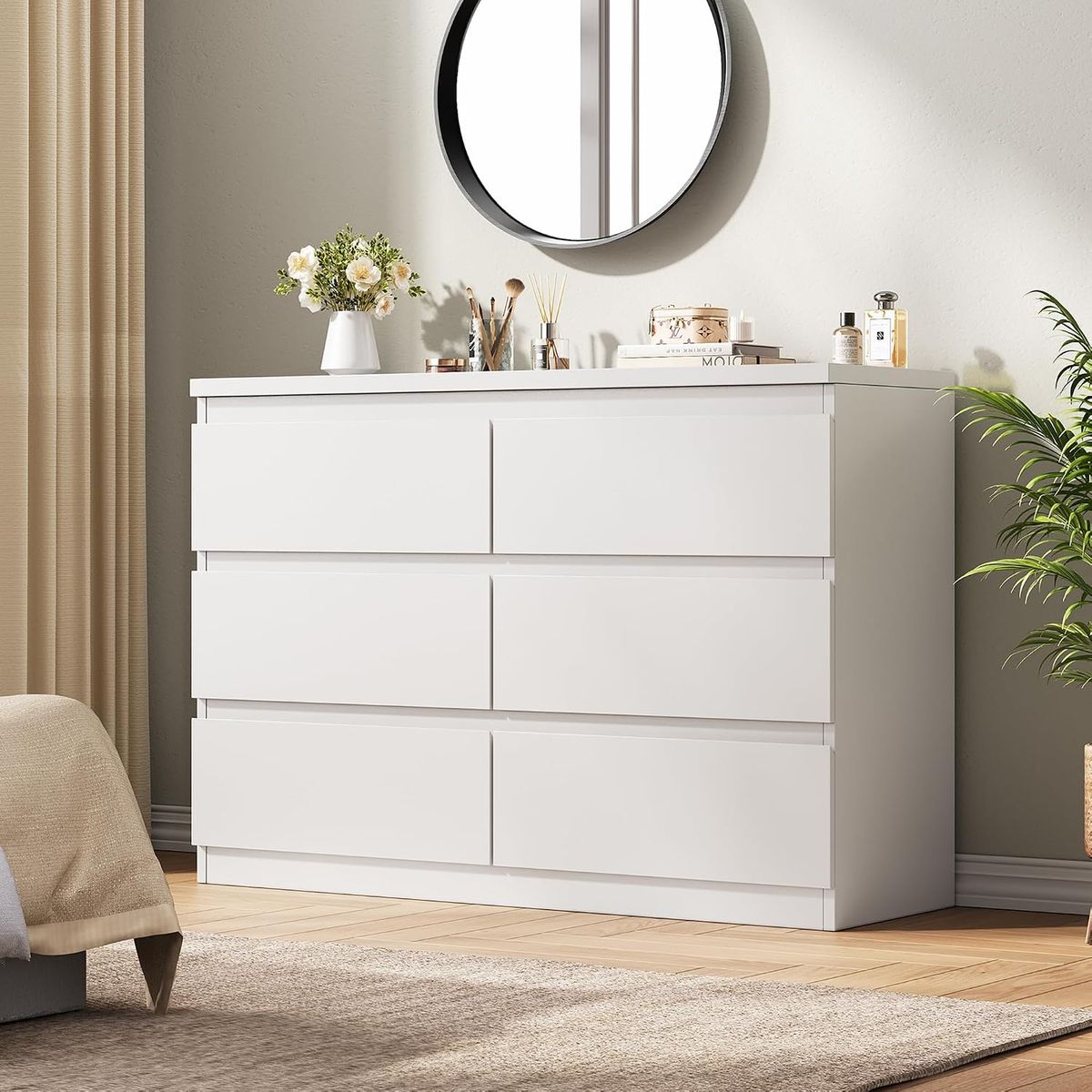 6 Drawer Double Dresser, Wood Storage Dresser with Anti-Tipping, White, 15.3" D x 47.2" W x 32.3" H
