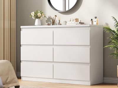 6 Drawer Double Dresser, Wood Storage Dresser with Anti-Tipping, White, 15.3" D x 47.2" W x 32.3" H