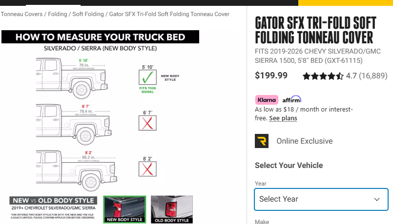 Gator SFX Tri-Fold Soft Folding Tonneau Cover 19-26 Chevy Silverado/GMC Sierra 1500, 5'8" Bed