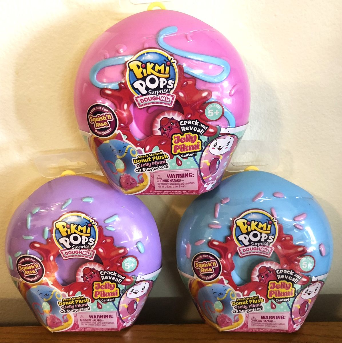 Pikmi Pops Surprise DoughMis Scented Donut Plush Lot of 3 - Pink, Purple, Blue