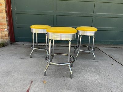 Bar Stools (3) Retro 1950s Chrome Swivel Bar Stool with Yellow Seat - 24"