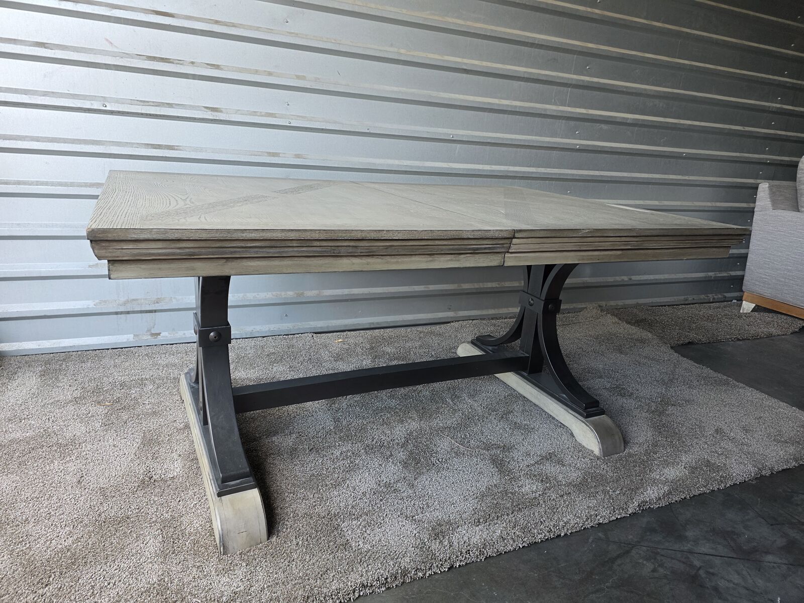 Beautifu Farmhouse Style Quality Dining Table, Rustic Gray Top, Black Trestle Base