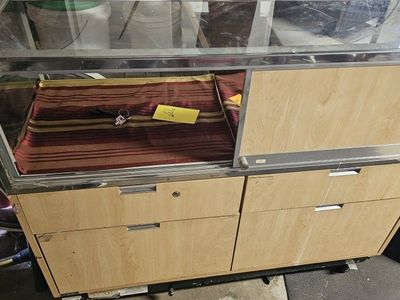 Glass Display Case with Storage Drawers and Light Wood Finish