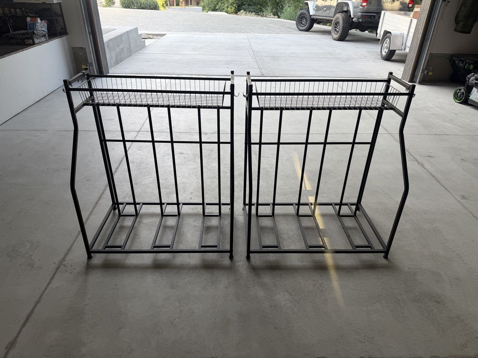 Pair of Black Metal Bike Racks with Wire Mesh Baskets - Versatile Bicycle Storage