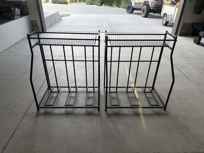 Pair of Black Metal Bike Racks with Wire Mesh Baskets - Versatile Bicycle Storage
