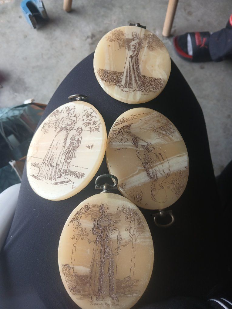 Vintage Hand-Etched Mother of Pearl Shell Art Pendants (Set of 4) Religious/Historical Scenes