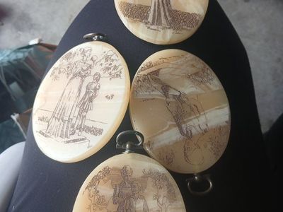 Vintage Hand-Etched Mother of Pearl Shell Art Pendants (Set of 4) Religious/Historical Scenes