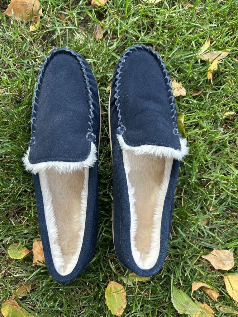 Jcrew Suede Navy Fleece Lined Moccasin Slippers