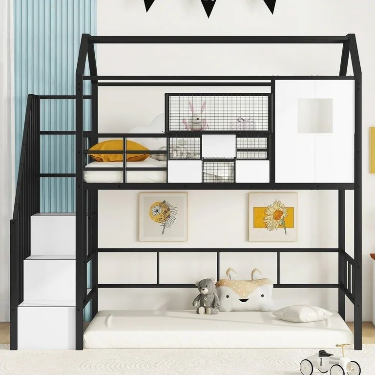 House-Shaped Twin Size Loft Bed with Stairs - Black Metal Frame, Playhouse Design