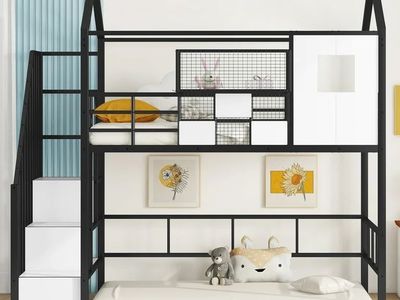 House-Shaped Twin Size Loft Bed with Stairs - Black Metal Frame, Playhouse Design