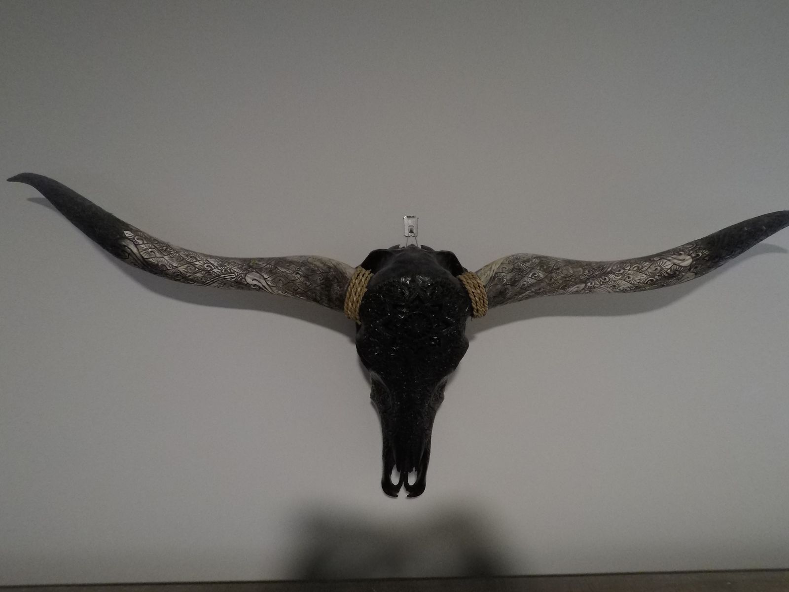 Bali Black Mandala Skull - Hand-Carved Bull Cow Skull Wall Decor with Braided Rope