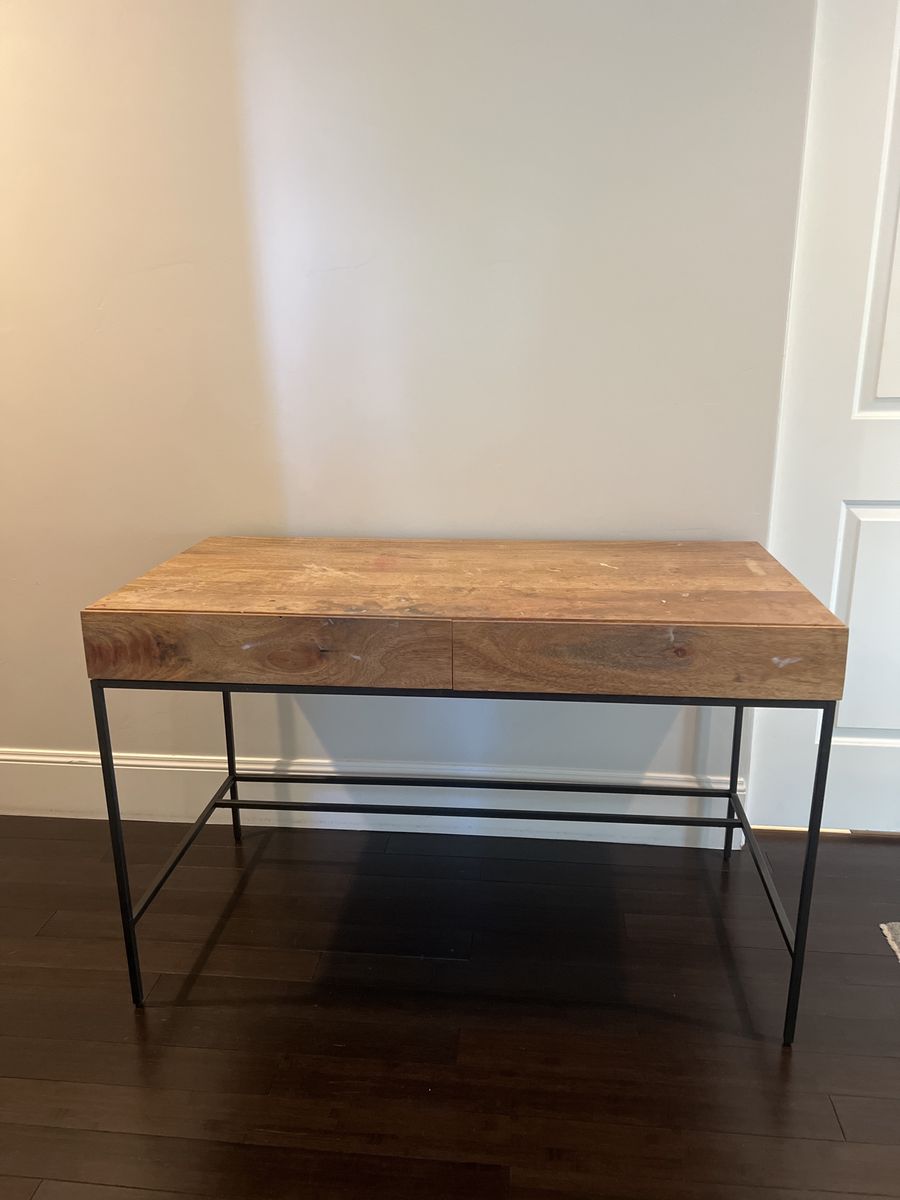 West Elm Wooden Desk with Iron Legs and Storage Drawers - Good Condition