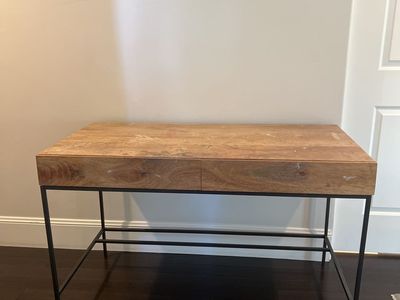 West Elm Wooden Desk with Iron Legs and Storage Drawers - Good Condition