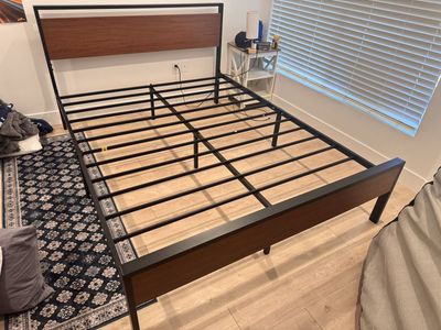 Full Size Bed Frame With Queen Mattress- Wood Headboard & Footboard with Metal Slats - Dark Wood Finish