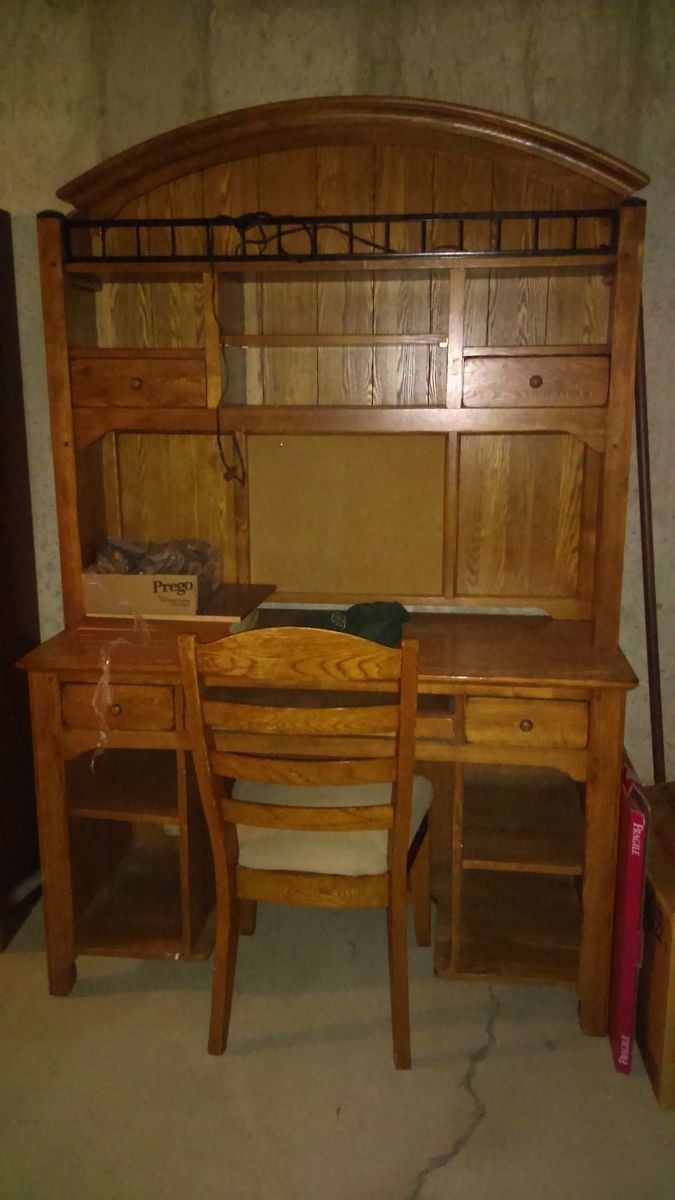 Solid Wood Computer Desk & Hutch with Drawers, Shelves, and Corkboard