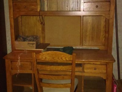 Solid Wood Computer Desk & Hutch with Drawers, Shelves, and Corkboard