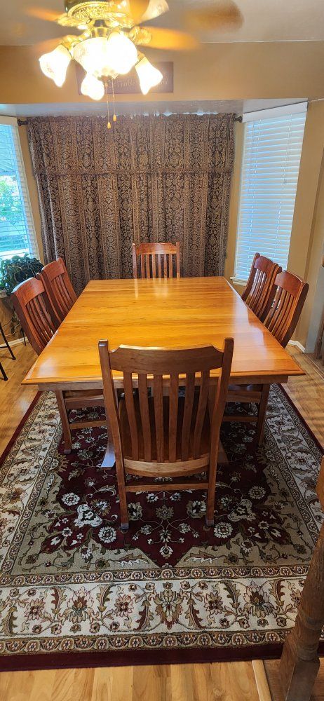 Solid Cherry Wood Dining Table with 6 Chairs - Extension Leaves, Very Good Condition