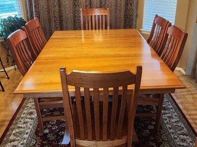 Solid Cherry Wood Dining Table with 6 Chairs - Extension Leaves, Very Good Condition