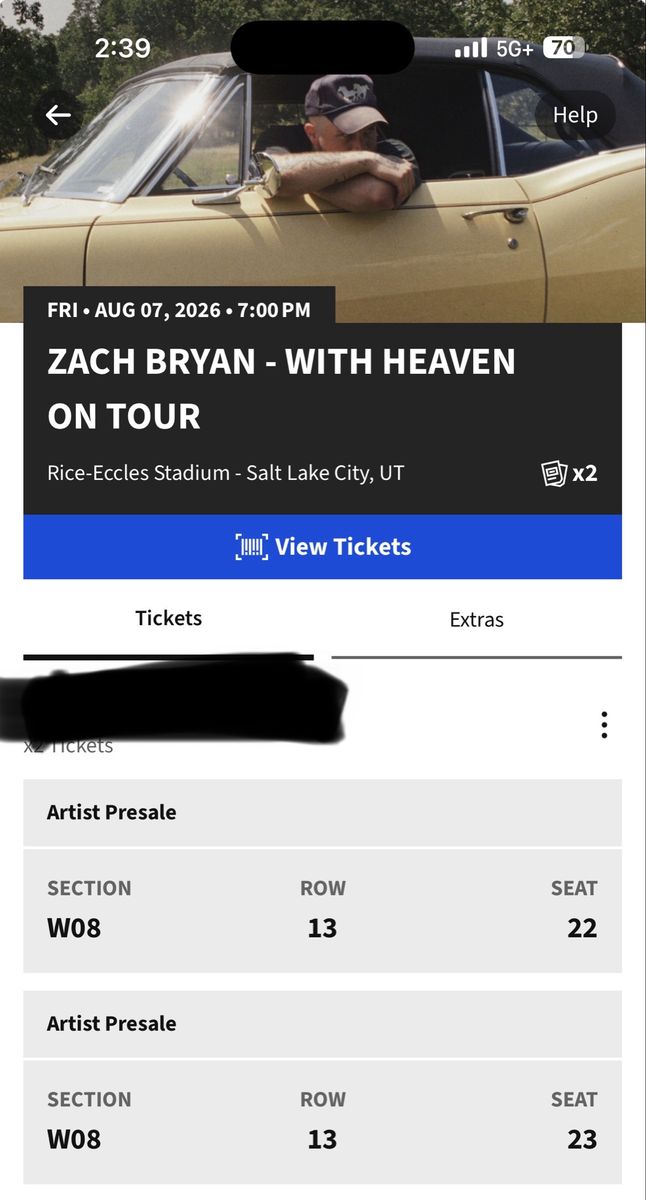 2 Zach Bryan Concert Tickets - Rice-Eccles Stadium Salt Lake City UT - Aug 7, 2026