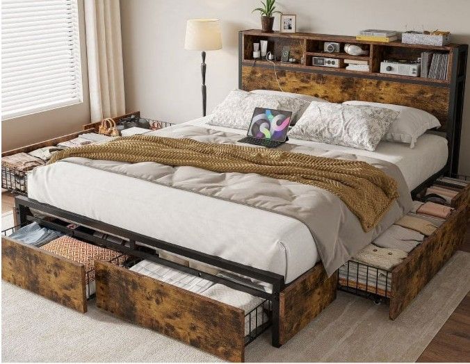 New - EnHomee Queen Bed Frame w/ 6 Storage Drawers and Headboard