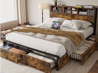 New - EnHomee Queen Bed Frame w/ 6 Storage Drawers and Headboard
