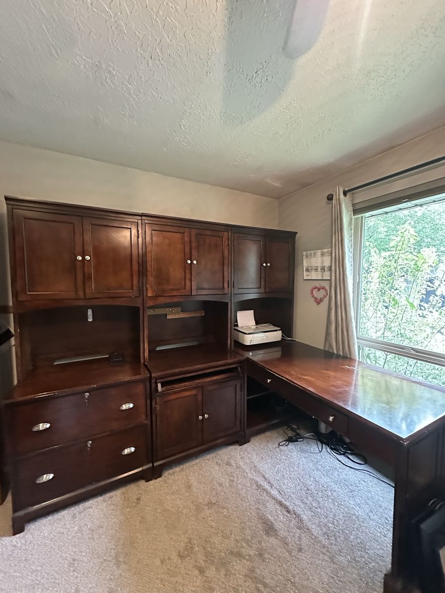Large Wooden Office Desk and Hutch Set - L-Shaped or you can rearrange to have the desk part in the middle.